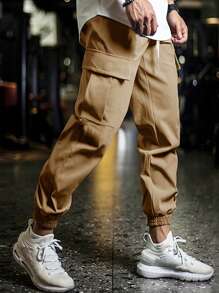 Manfinity Homme Hombres Pantalones cargo con bolsillo lateral con solapa de cintura con cordón