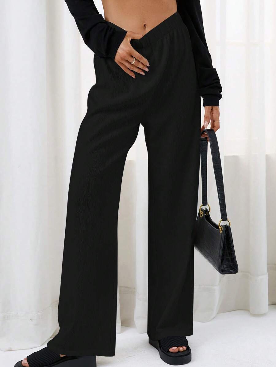 SHEIN Essnce 素色彈性腰帶直筒褲 - 黑色 - 查看 1