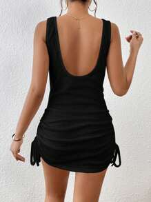 SHEIN Essnce Drawstring Side Waffle Knit Cover Up Dress Without Bikini Bottom Summer - Black - View 2