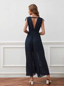 SHEIN Frenchy 肩上打結百褶腰帶闊腿連體褲 - 藏蓝色 - 查看 3