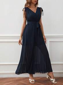 SHEIN Frenchy 肩上打結百褶腰帶闊腿連體褲 - 藏蓝色 - 查看 4