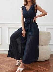 SHEIN Frenchy 肩上打結百褶腰帶闊腿連體褲 - 藏蓝色 - 查看 1