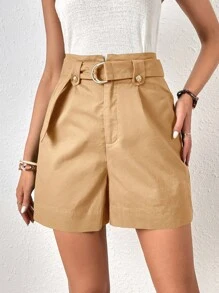 SHEIN Frenchy Quần đùi nữ Thắt lưng Nút Nhẫn Dây kéo màu trơn Giải trí - Lạc đà - Xem 1