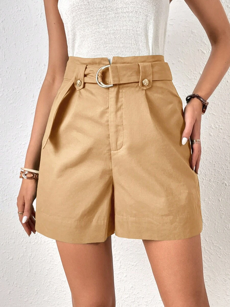 SHEIN Frenchy Quần đùi nữ Thắt lưng Nút Nhẫn Dây kéo màu trơn Giải trí - Lạc đà - Xem 1