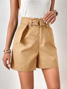 SHEIN Frenchy Quần đùi nữ Thắt lưng Nút Nhẫn Dây kéo màu trơn Giải trí - Lạc đà - Xem 2