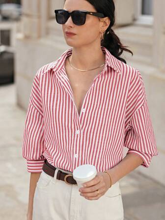Poéselle Striped Print Drop Shoulder Blouse Summer Tops Vacation Clothes