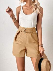 SHEIN Frenchy Quần đùi nữ Thắt lưng Nút Nhẫn Dây kéo màu trơn Giải trí - Lạc đà - Xem 5