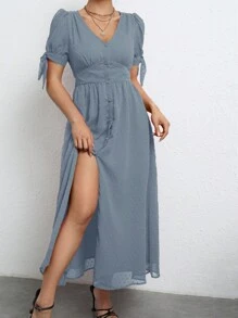 SHEIN Frenchy 圓點泡泡袖打結袖口單排釦雪紡連衣裙 - 霧霾藍 - 查看 3