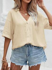 SHEIN Frenchy Áo sơ mi nữ Nút phía trước màu trơn Giải trí - Màu be - Xem 2