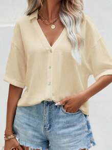 SHEIN Frenchy Áo sơ mi nữ Nút phía trước màu trơn Giải trí - Màu be - Xem 3