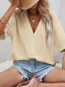 SHEIN Frenchy Áo sơ mi nữ Nút phía trước màu trơn Giải trí - Màu be - Xem 5