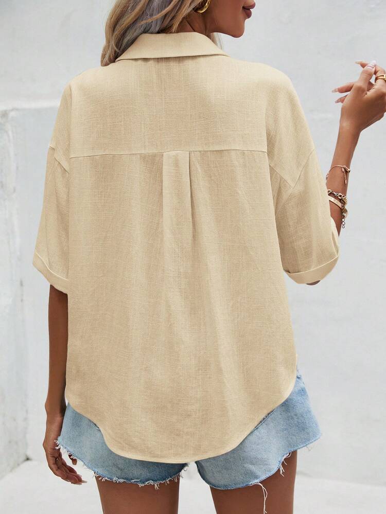 SHEIN Frenchy Áo sơ mi nữ Nút phía trước màu trơn Giải trí - Màu be - Xem 6