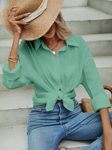 SHEIN Frenchy Solid Drop Shoulder Pocket Patched Button Up Shirt - Green - View 3
