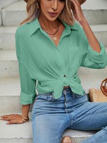 SHEIN Frenchy Solid Drop Shoulder Pocket Patched Button Up Shirt - Green - View 5