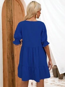SHEIN VCAY Solid Puff Sleeve Ruffle Hem Smock Dress - Royal Blue - View 2