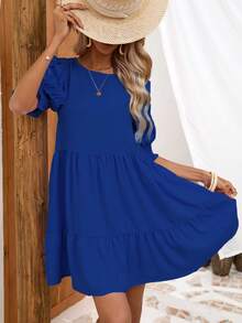 SHEIN VCAY Solid Puff Sleeve Ruffle Hem Smock Dress - Royal Blue - View 4
