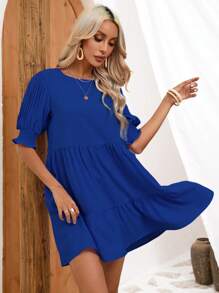 SHEIN VCAY Solid Puff Sleeve Ruffle Hem Smock Dress - Royal Blue - View 6
