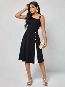 SHEIN Clasi Đầm Bất đối xứng Nút phía trước màu trơn Thanh lịch - màu đen - Xem 1