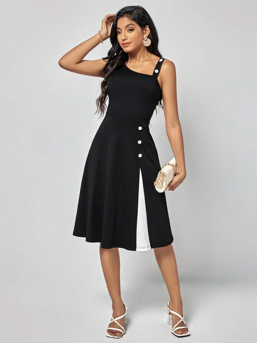 SHEIN Clasi Đầm Bất đối xứng Nút phía trước màu trơn Thanh lịch - màu đen - Xem 1