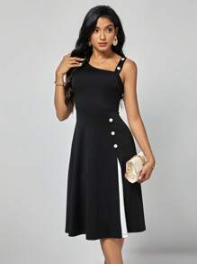 SHEIN Clasi Đầm Bất đối xứng Nút phía trước màu trơn Thanh lịch - màu đen - Xem 3