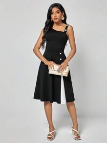 SHEIN Clasi Đầm Bất đối xứng Nút phía trước màu trơn Thanh lịch - màu đen - Xem 4