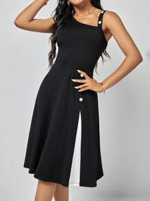 SHEIN Clasi Đầm Bất đối xứng Nút phía trước màu trơn Thanh lịch - màu đen - Xem 6