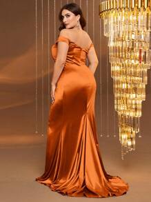 Plus Off Shoulder Split Thigh Satin Formal Dress Elegant Prom Evening Wedding Guest Gown, For Graduation, Dinner - Orange - View 2