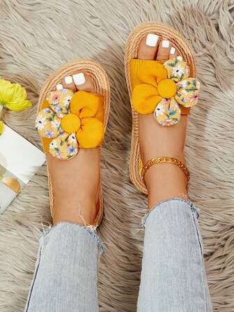 Women Flower Decor Flat Sandals, Vacation Summer Polyester Slide Sandals
