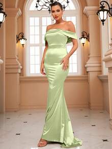 LOVE&LEMONADE Off Shoulder Zip Back Floor Length Satin Formal Dress - Lime Green - View 4