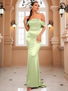 LOVE&LEMONADE Off Shoulder Zip Back Floor Length Satin Formal Dress - Lime Green - View 5