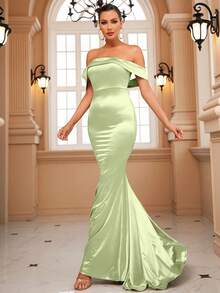 LOVE&LEMONADE Off Shoulder Zip Back Floor Length Satin Formal Dress - Lime Green - View 6