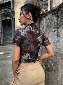 SHEIN ICON 中國龍印花木耳邊網紗上衣不附胸罩 - 黑與白 - 查看 3