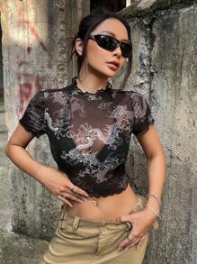 SHEIN ICON 中國龍印花木耳邊網紗上衣不附胸罩 - 黑與白 - 查看 5