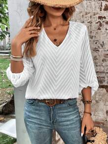 SHEIN LUNE 鋸齒紋提花燈籠袖襯衫 - 白色 - 查看 5