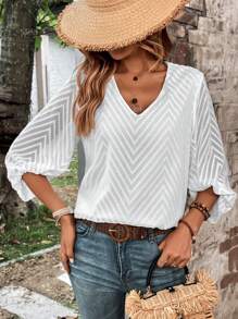 SHEIN LUNE 鋸齒紋提花燈籠袖襯衫 - 白色 - 查看 7