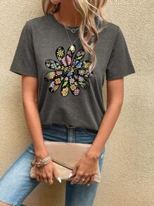 SHEIN LUNE Floral Print Tee - Dark Grey - View 1