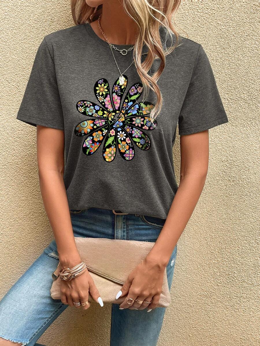 SHEIN LUNE Floral Print Tee - Dark Grey - View 1