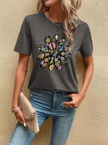 SHEIN LUNE Floral Print Tee - Dark Grey - View 2