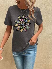 SHEIN LUNE Floral Print Tee - Dark Grey - View 3