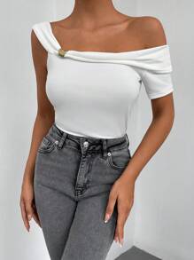 EURMUSE 素色不對稱領上衣 - 白色 - 查看 1