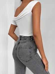 EURMUSE 素色不對稱領上衣 - 白色 - 查看 2