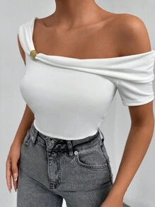 EURMUSE 素色不對稱領上衣 - 白色 - 查看 3