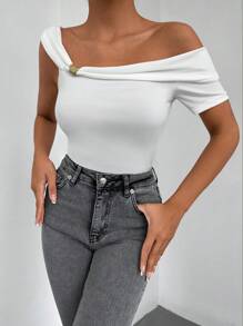 EURMUSE 素色不對稱領上衣 - 白色 - 查看 5