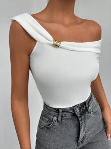 EURMUSE 素色不對稱領上衣 - 白色 - 查看 6