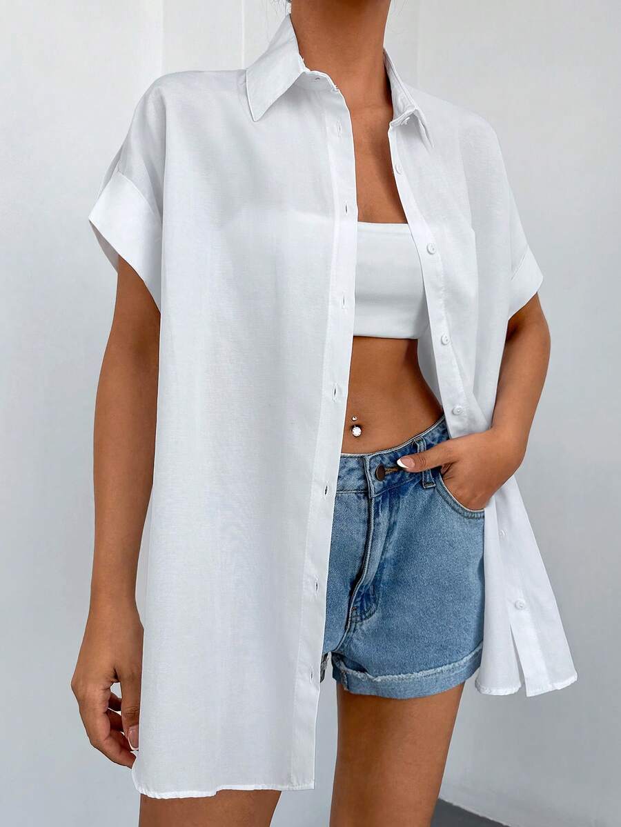 EURMUSE Solid Button Front Batwing Sleeve Shirt - White - View 1