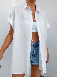 EURMUSE Solid Button Front Batwing Sleeve Shirt - White - View 3