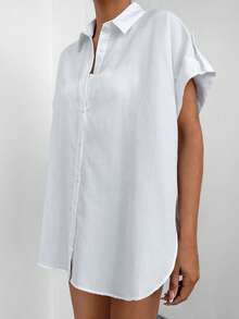 EURMUSE Solid Button Front Batwing Sleeve Shirt - White - View 4