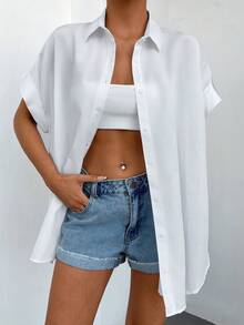 EURMUSE Solid Button Front Batwing Sleeve Shirt - White - View 6