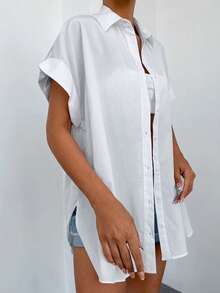EURMUSE Solid Button Front Batwing Sleeve Shirt - White - View 7