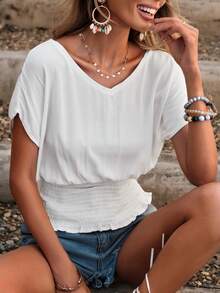 EURMUSE Solid Batwing Sleeve Shirred Hem Blouse - White - View 3